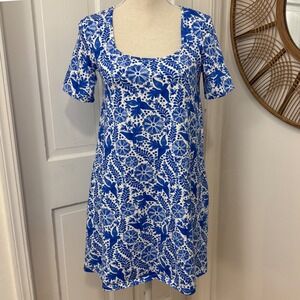 Soi Paris Bird Print Dress Sz 38, S/M Blue Otomi Folk Art Floral French Coastal